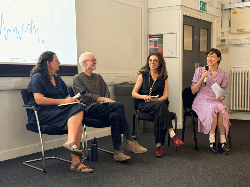 The panel for the Fooled By Beautiful Data session for Diverse CDT at London Data Week. The panel comprised (from left to right), Dr Sara Heitlinger (City St George's), Paul Hodgson (Greater London Authority), Narges Mahyar (City St George's), and Ana Marques (Diverse CDT)