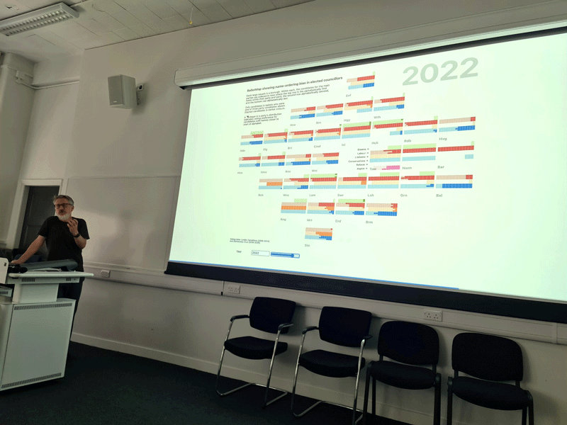 Dr Jo Wood giving his presentation on Election Bias and Ballot Mapping for Diverse CDT at London Data Week
